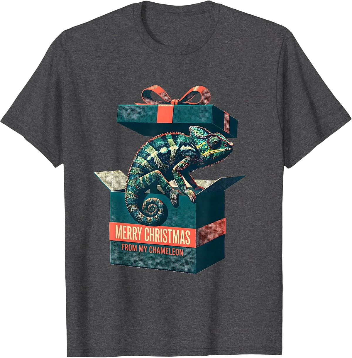 Merry Christmas From My Chameleon Risograph Reptile Keeper T-Shirt - Dark Heather Grey