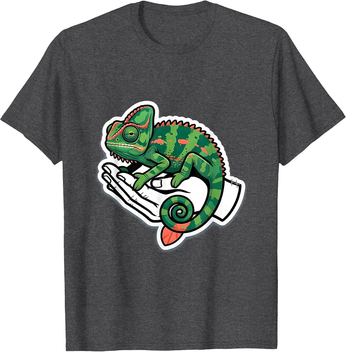 Men's Crested Chameleon Cute Pocket Pet Keeper Sticker Style T-Shirt - Dark Heather Grey