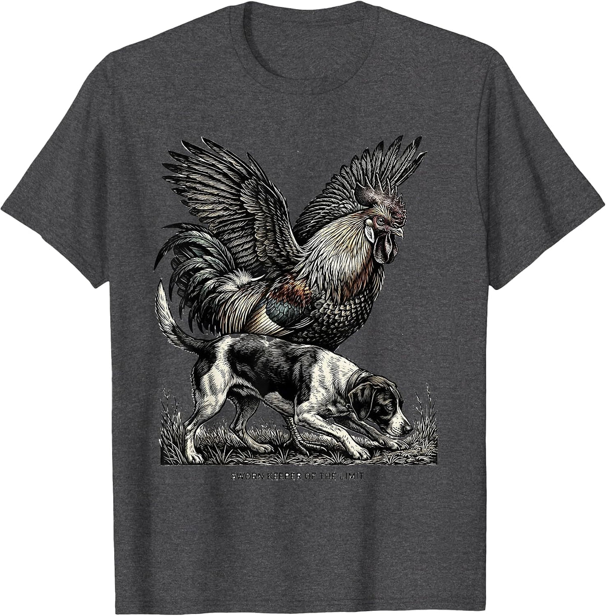 Men's Sworn Keeper Of The Limit Woodcut Engraving Pheasant Hunter T-Shirt - Dark Heather Grey