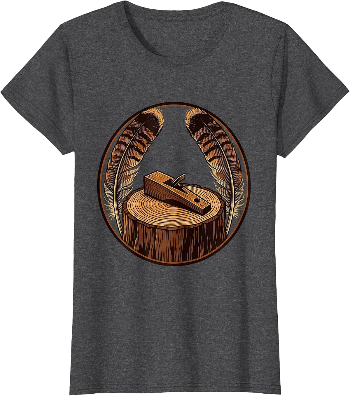 Women's Turkey Call and Feathers on Tree Stump Illustration T-Shirt - Dark Heather Grey