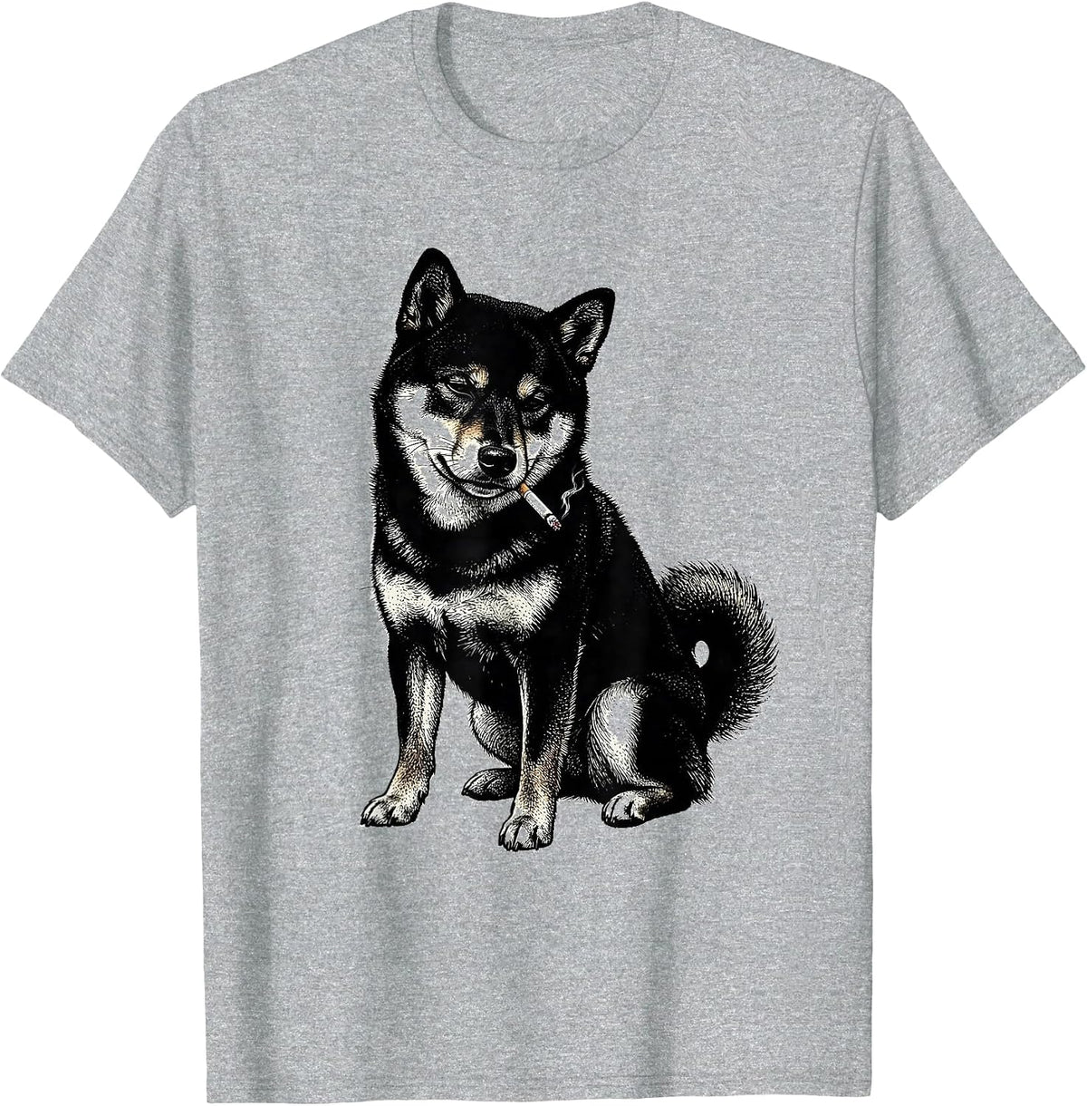 Men's Slouched Shiba Inu Blackwork Dotwork Smoking Dog Meme T-Shirt - Heather Grey