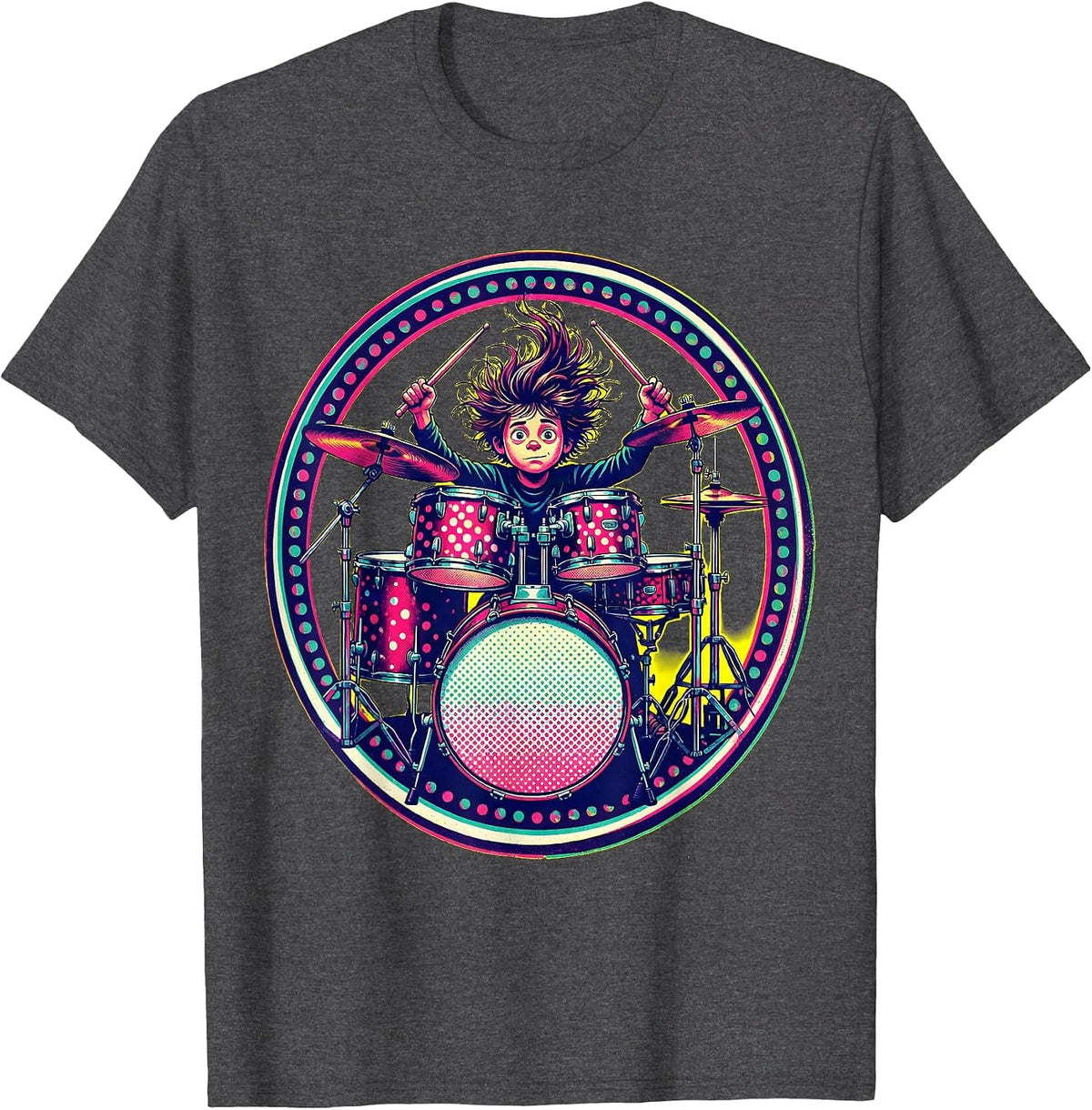 Polka Dot Drum Kit Kid Drummer Illustration T-Shirt - Dark Heather Grey