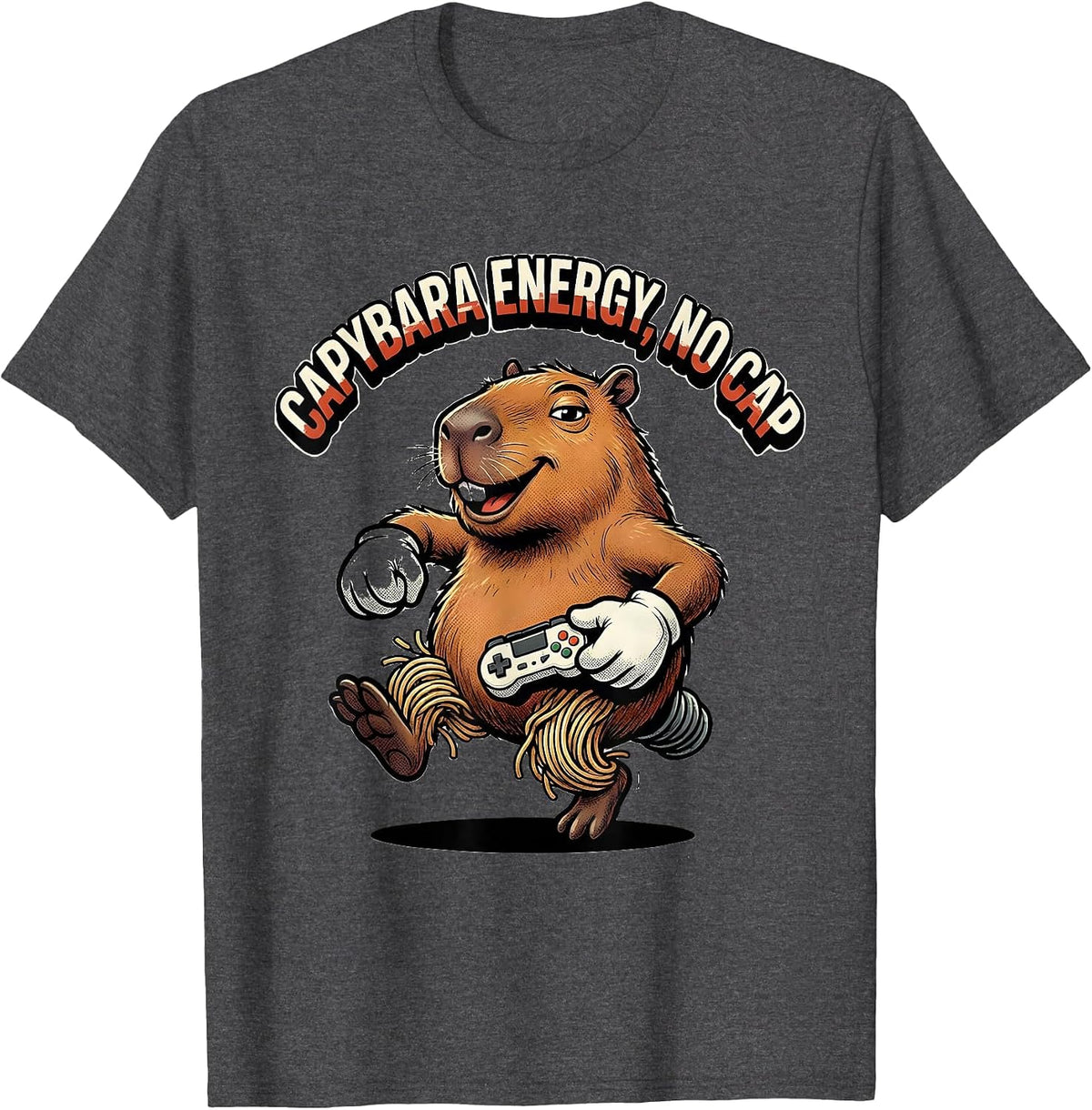 Men's Capybara Energy, No Cap Retro Cartoon Funny Gamer Meme Humor T-Shirt - Dark Heather Grey