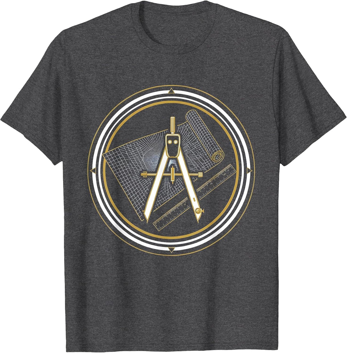 Blueprint Compass and Ruler Illustration T-Shirt - Dark Heather Grey