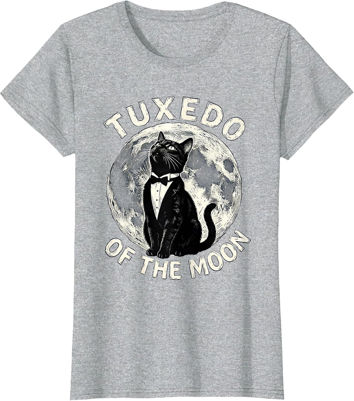 Women's Tuxedo Of The Moon Linocut Tuxedo Cat Retro Humor T-Shirt - Heather Grey