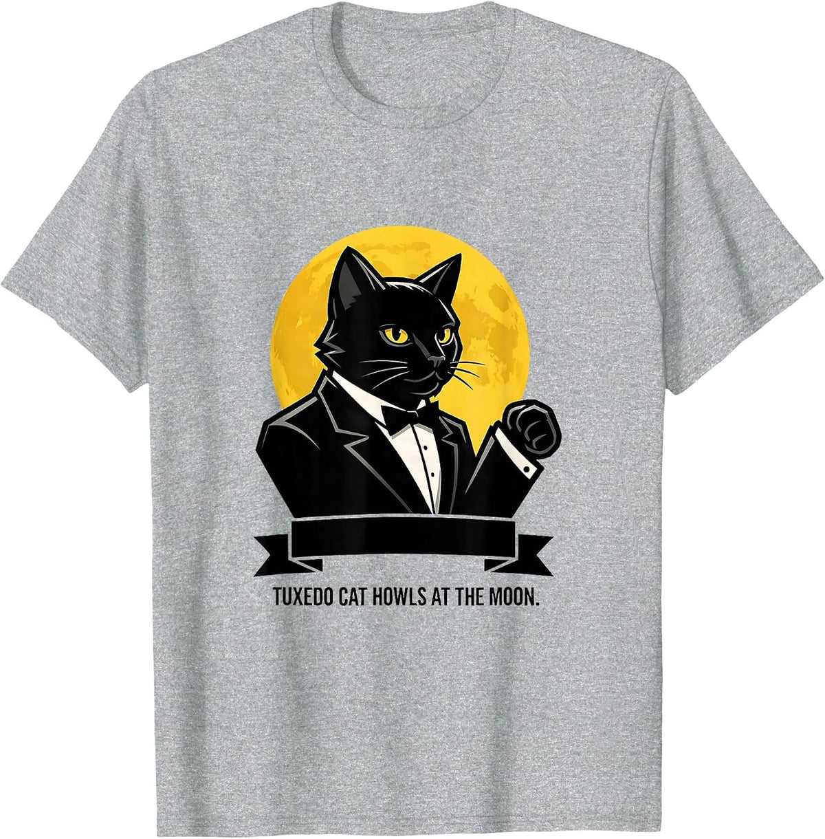 Men's Tuxedo Cat Howls at the Moon 90's Retro Novelty T-Shirt - Heather Grey