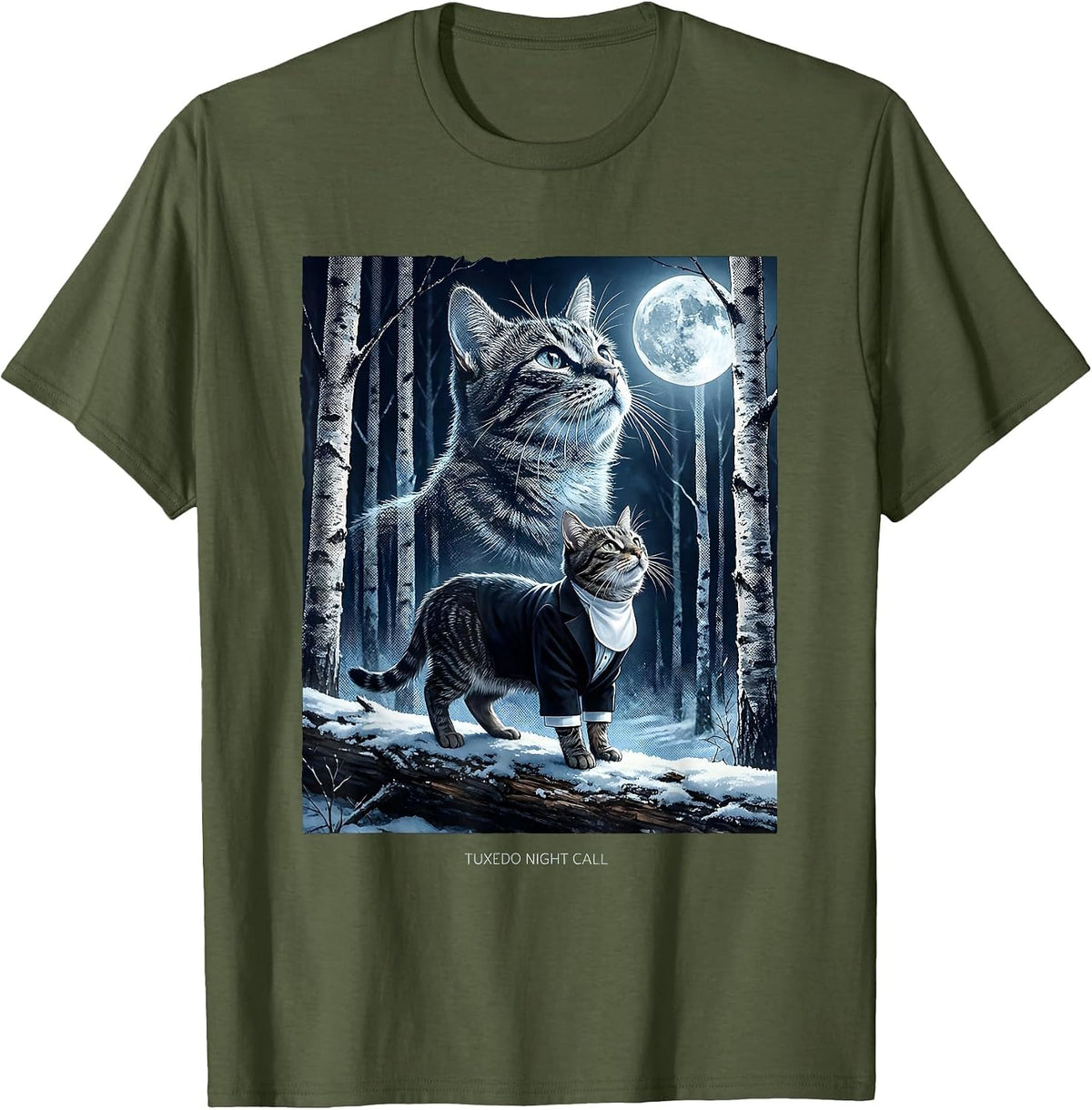 Tuxedo Night Call 90s Retro Tuxedo Cat Portrait T-Shirt - Olive Green