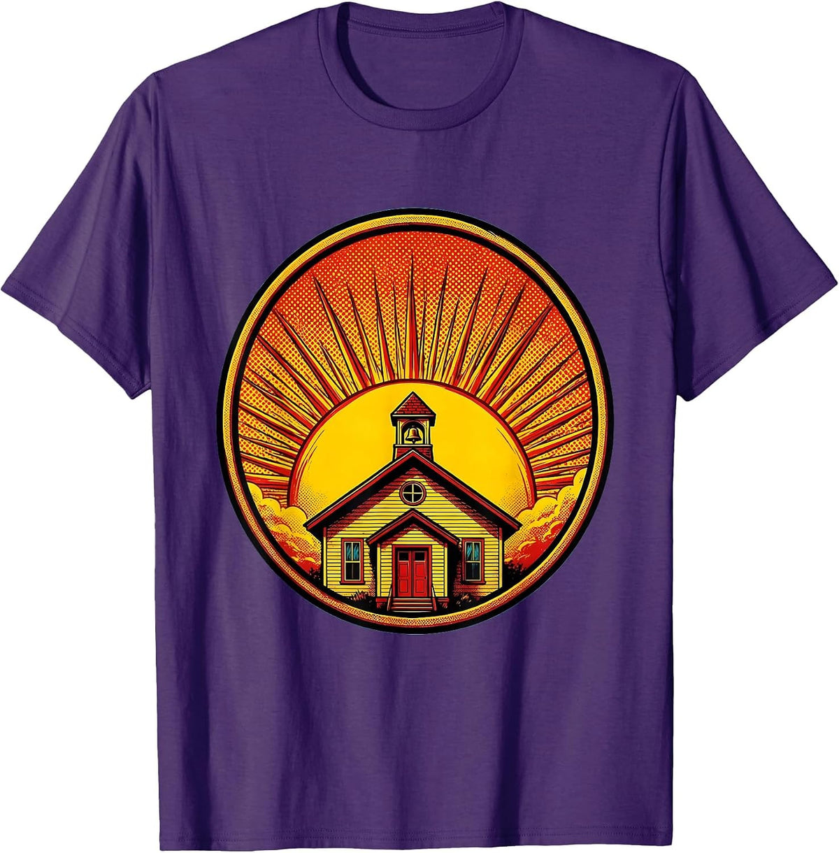 Friyay Teacher Sunset Schoolhouse Graphic T-Shirt - Purple