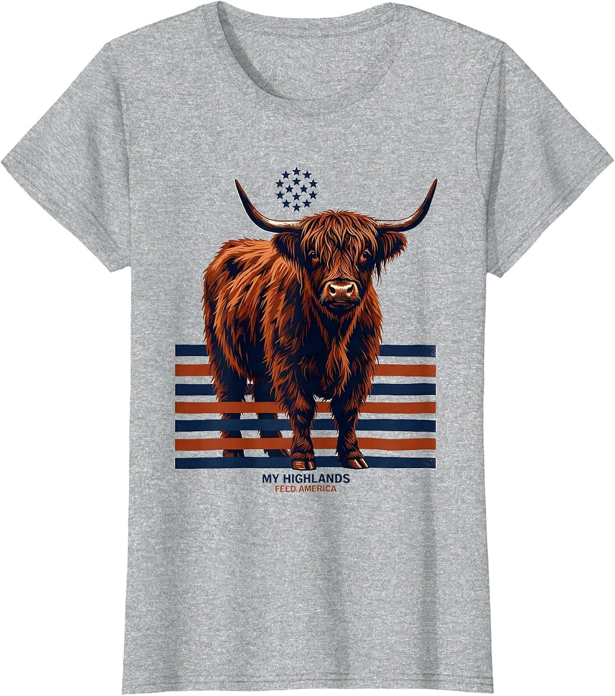 My Highlands Feed America Screenprint Highland Cow Patriotic T-Shirt - Heather Grey