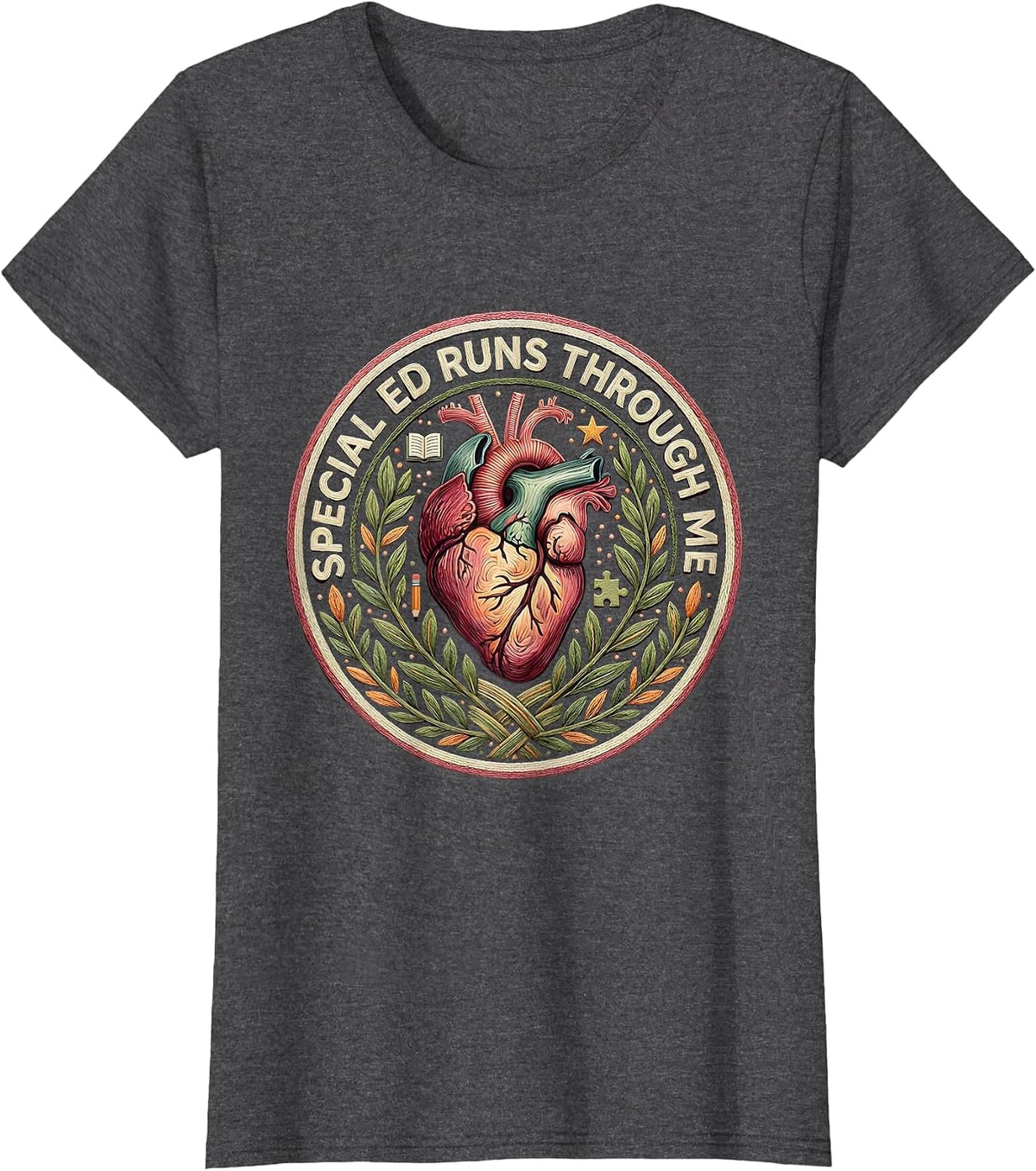Women's Special Ed Runs Through Me Teacher Design T-Shirt - Dark Heather Grey