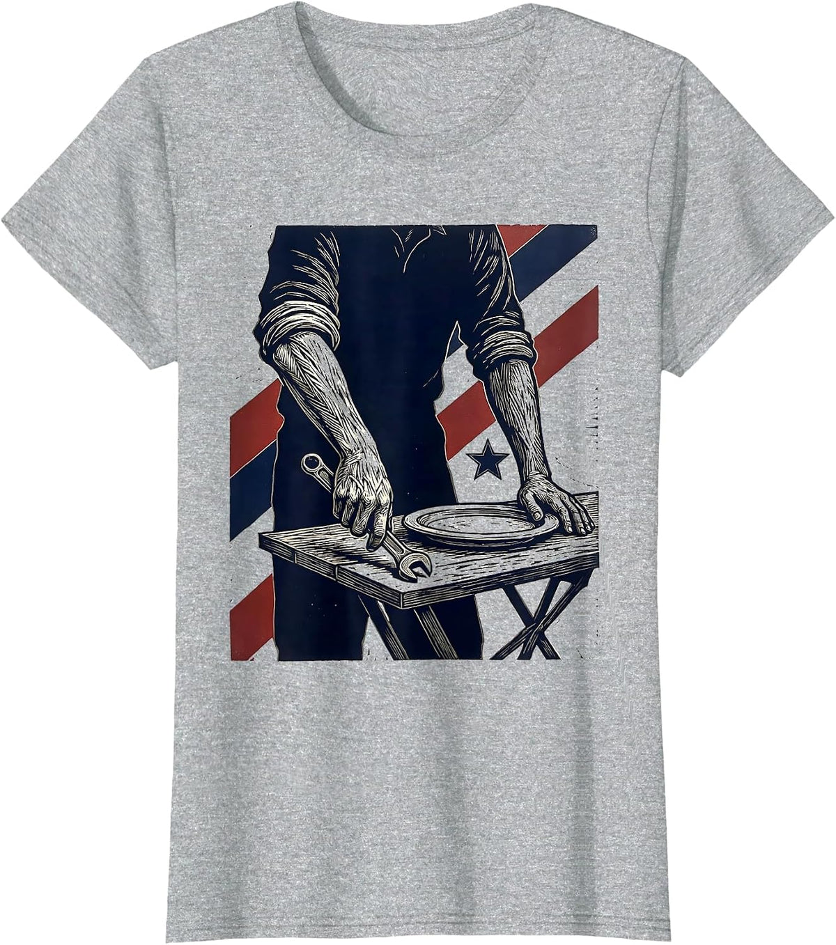 Women's Rolled Sleeve Forearms Linocut Patriotic Labor Day Tribute T-Shirt - Heather Grey