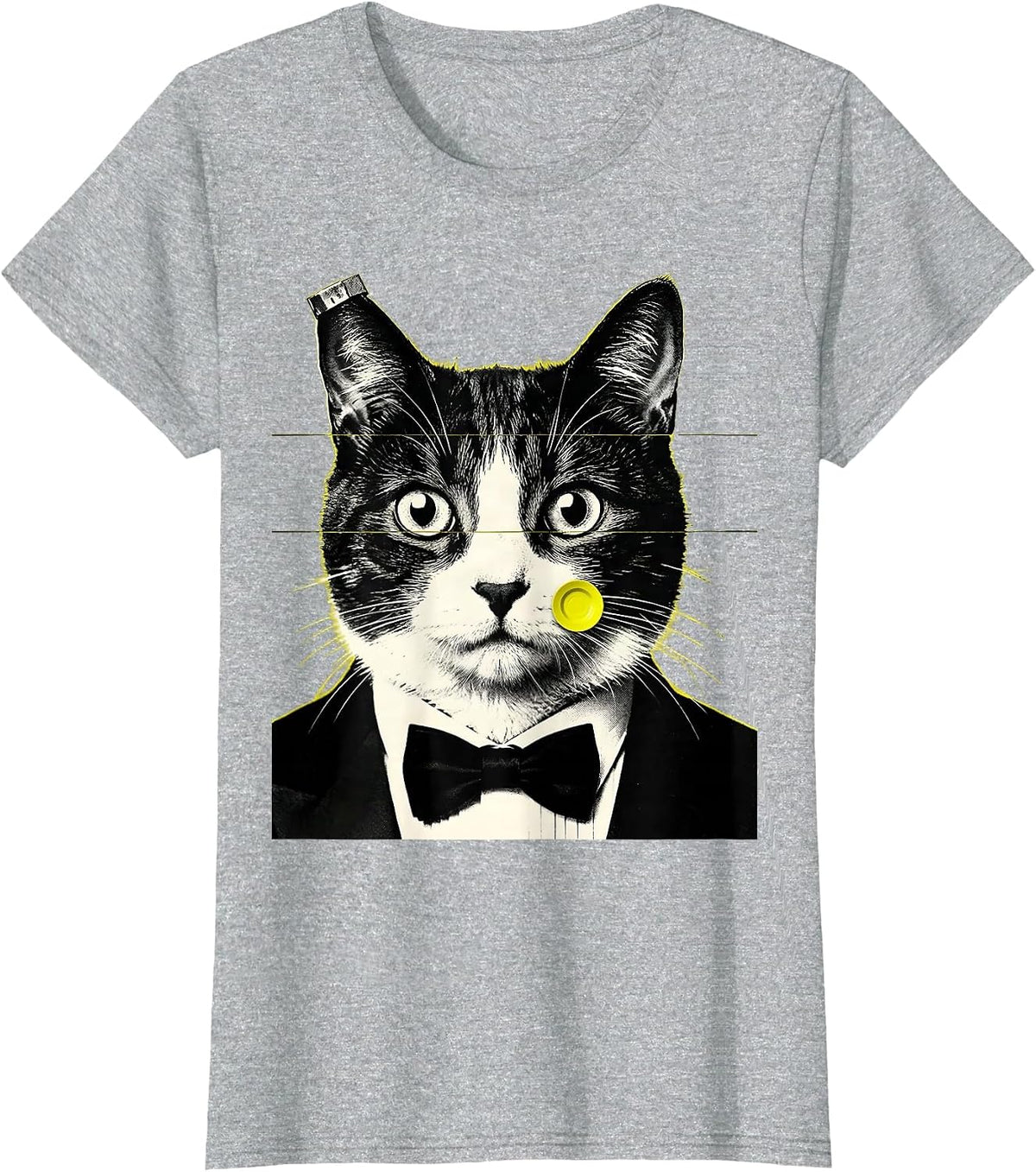 Women's Monumental Tuxedo Cat UFO Screenprint Poster Novelty T-Shirt - Heather Grey