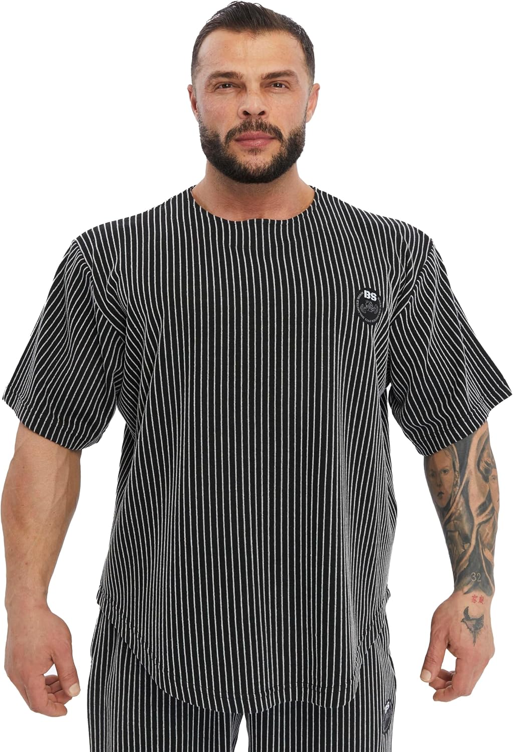 Men's Oversize T-Shirt, Bodybuilding, Lifting Cardio Rag Top Thick Fabric Textured Active T-Shirt - Striped-black