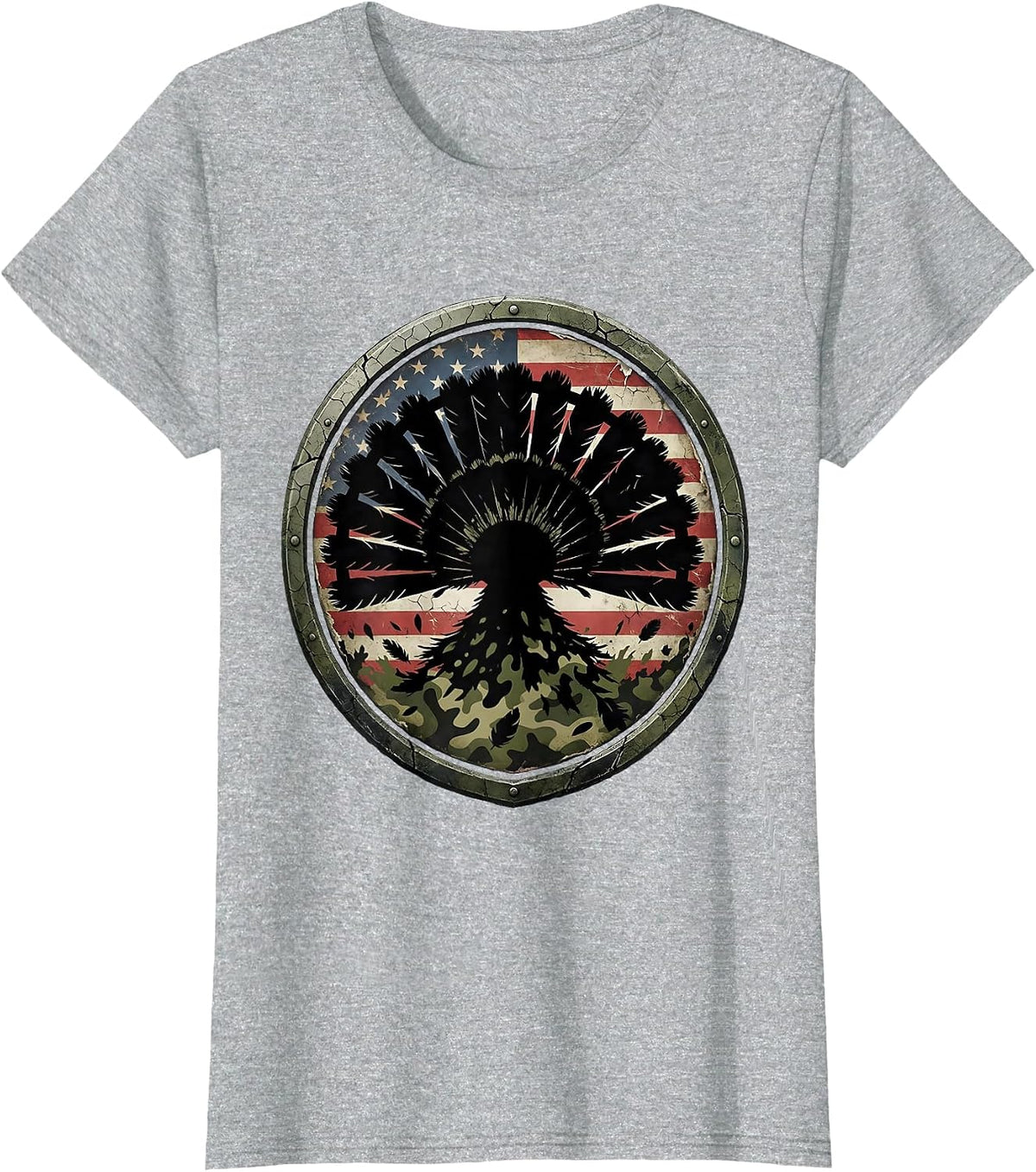 Turkey Feather Fan Camo Hunting Graphic T-Shirt - Heather Grey