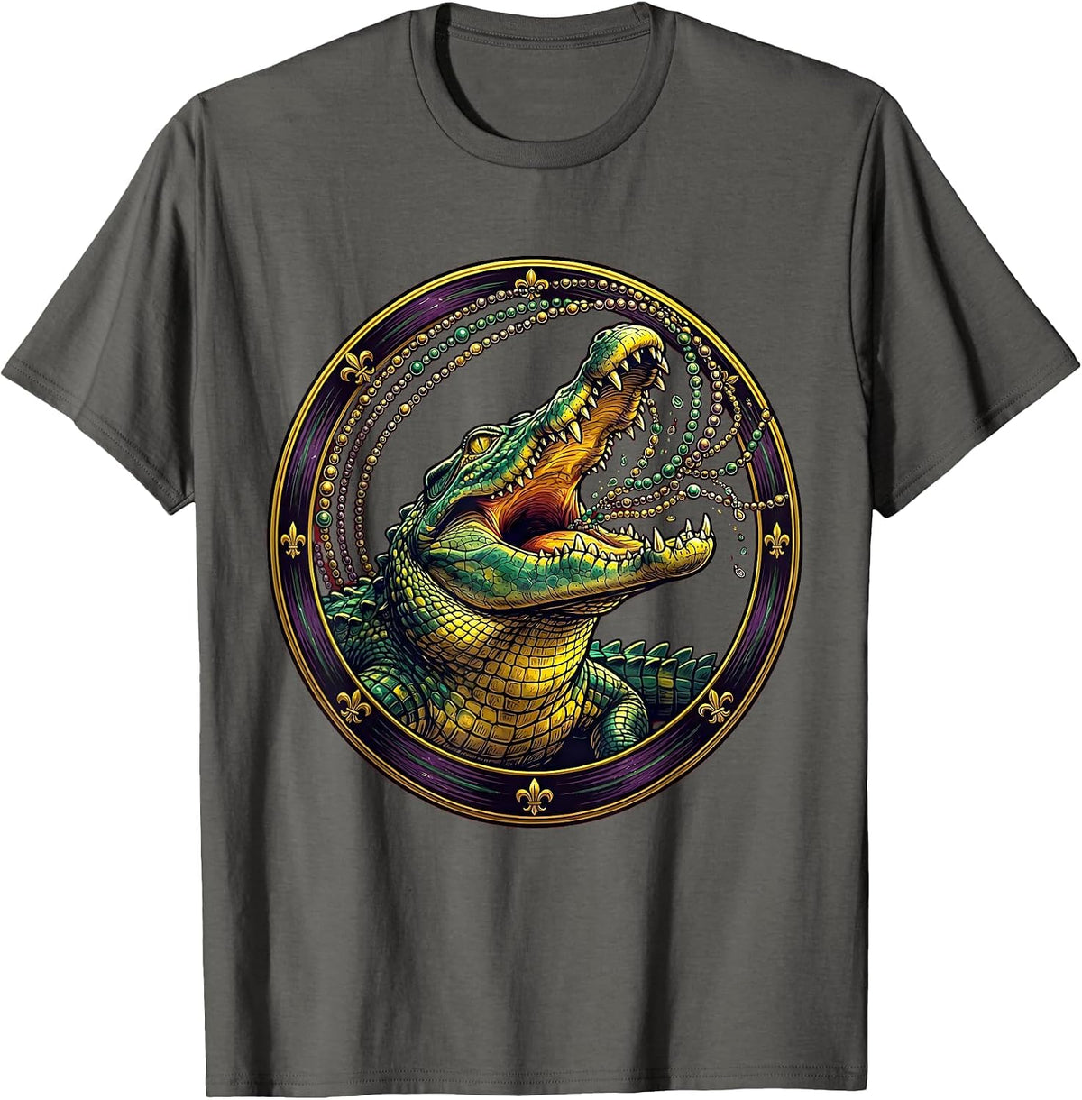 Men's Mardi Gras Alligator Catching Beads Illustration T-Shirt - Asphalt Grey