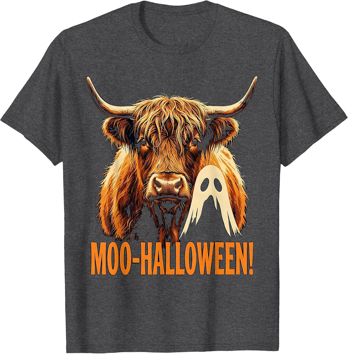 Men's Moo-Halloween! Whimsical Highland Cow Halloween Humor T-Shirt - Dark Heather Grey
