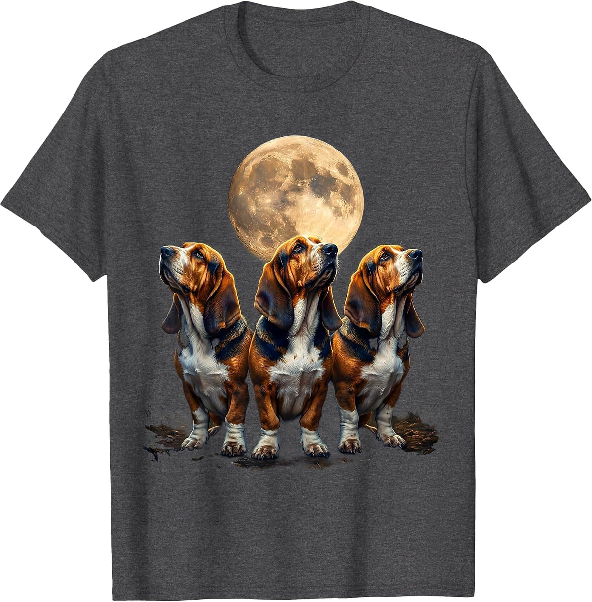 Three Basset Hounds Moon Howling Funny Pet Lover Humor T-Shirt - Dark Heather Grey