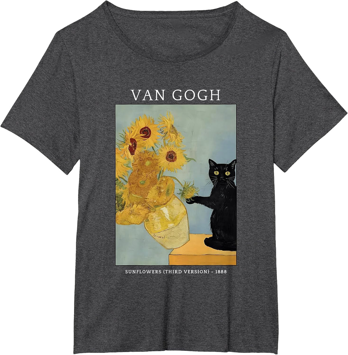 Funny Van Gogh Sunflowers Cat Meme Van Gogh Art Graphic T-Shirt - Dark Heather Grey