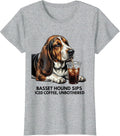 Basset Hound Sips Iced Coffee, Unbothered Funny T-Shirt, Women, Heather Grey, Medium - As Pictured