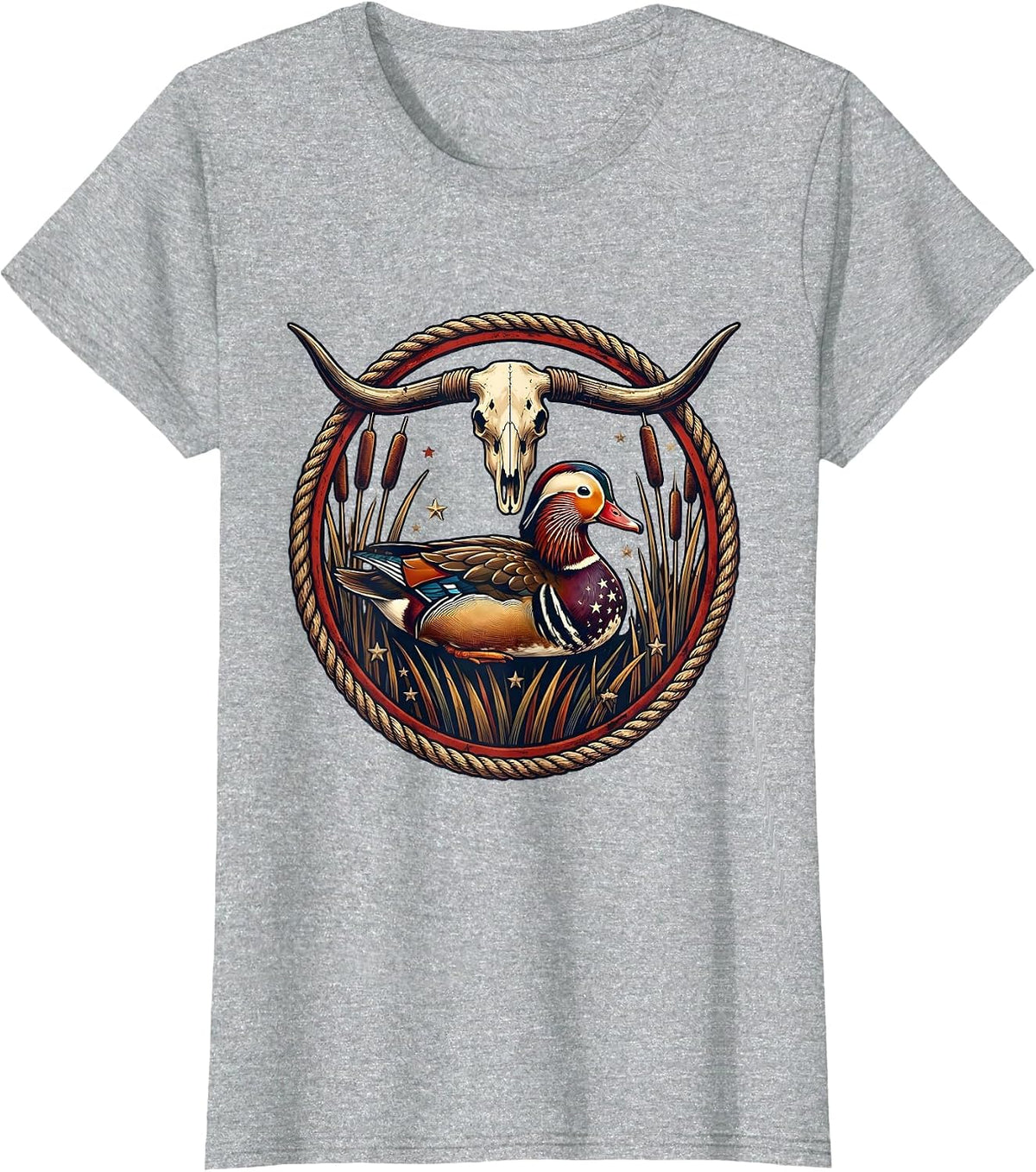 Duck in Reeds Camo Feathers Hunting Illustration T-Shirt - Heather Grey