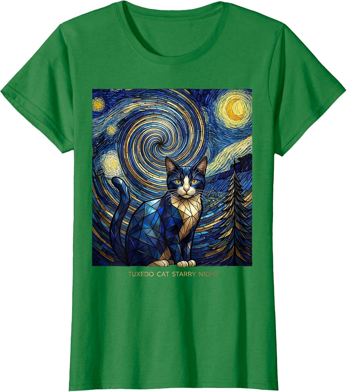 Women's Tuxedo Cat Starry Night Whimsical Van Gogh Cat Lover Art T-Shirt - Kelly Green