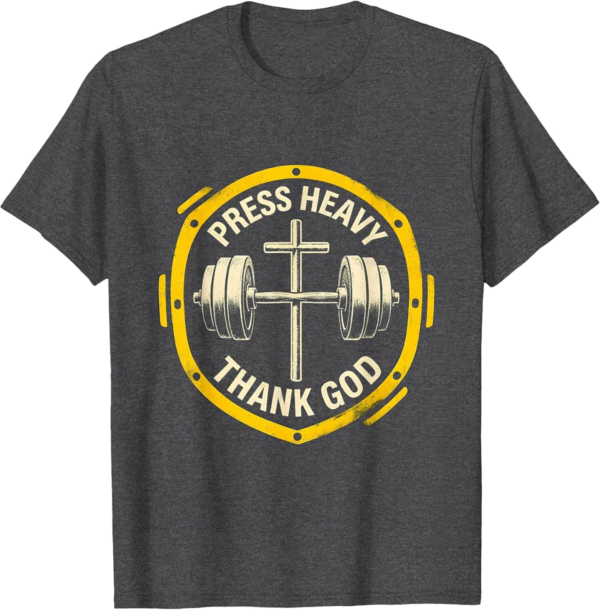 Press Heavy Thank God Stencil Christian Gym Faith Fitness T-Shirt - Dark Heather Grey