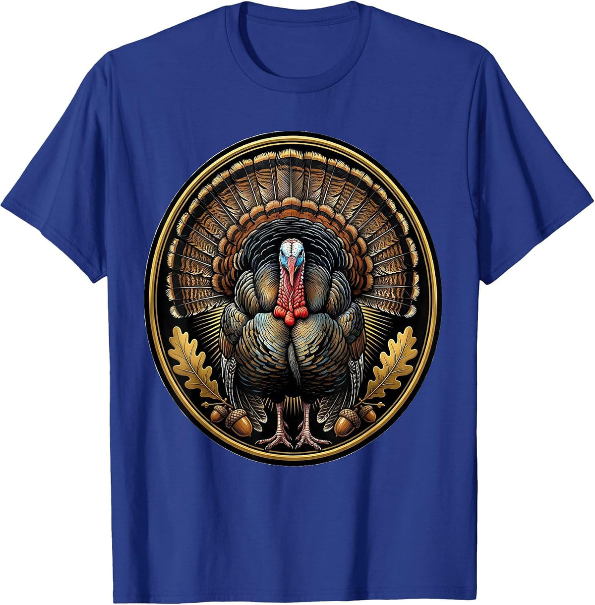 Men's Turkey Feathers Full Strut Fan Illustration T-Shirt - Royal Blue