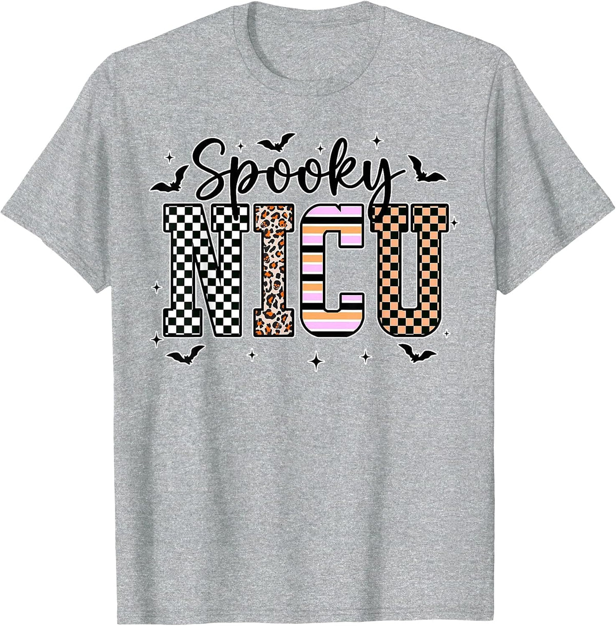 Spooky Nurse CNA NICU RN Halloween Leopard Checkered Nurse T-Shirt - Heather Grey
