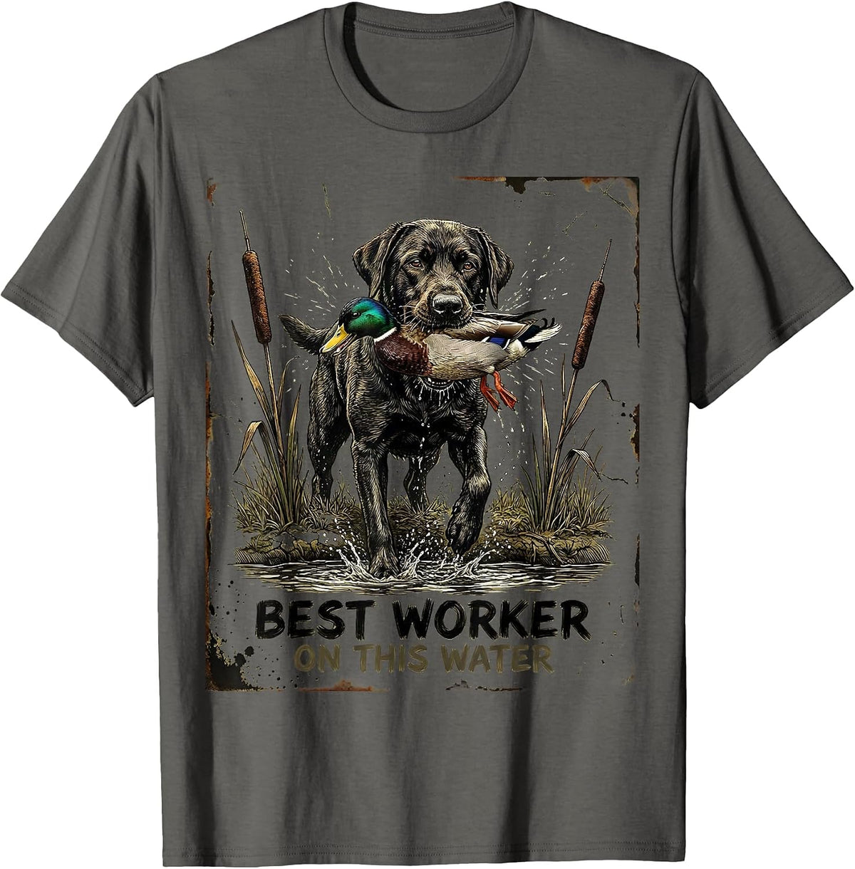 Best Worker On This Water Distressed Labrador Duck Hunting T-Shirt - Asphalt Grey