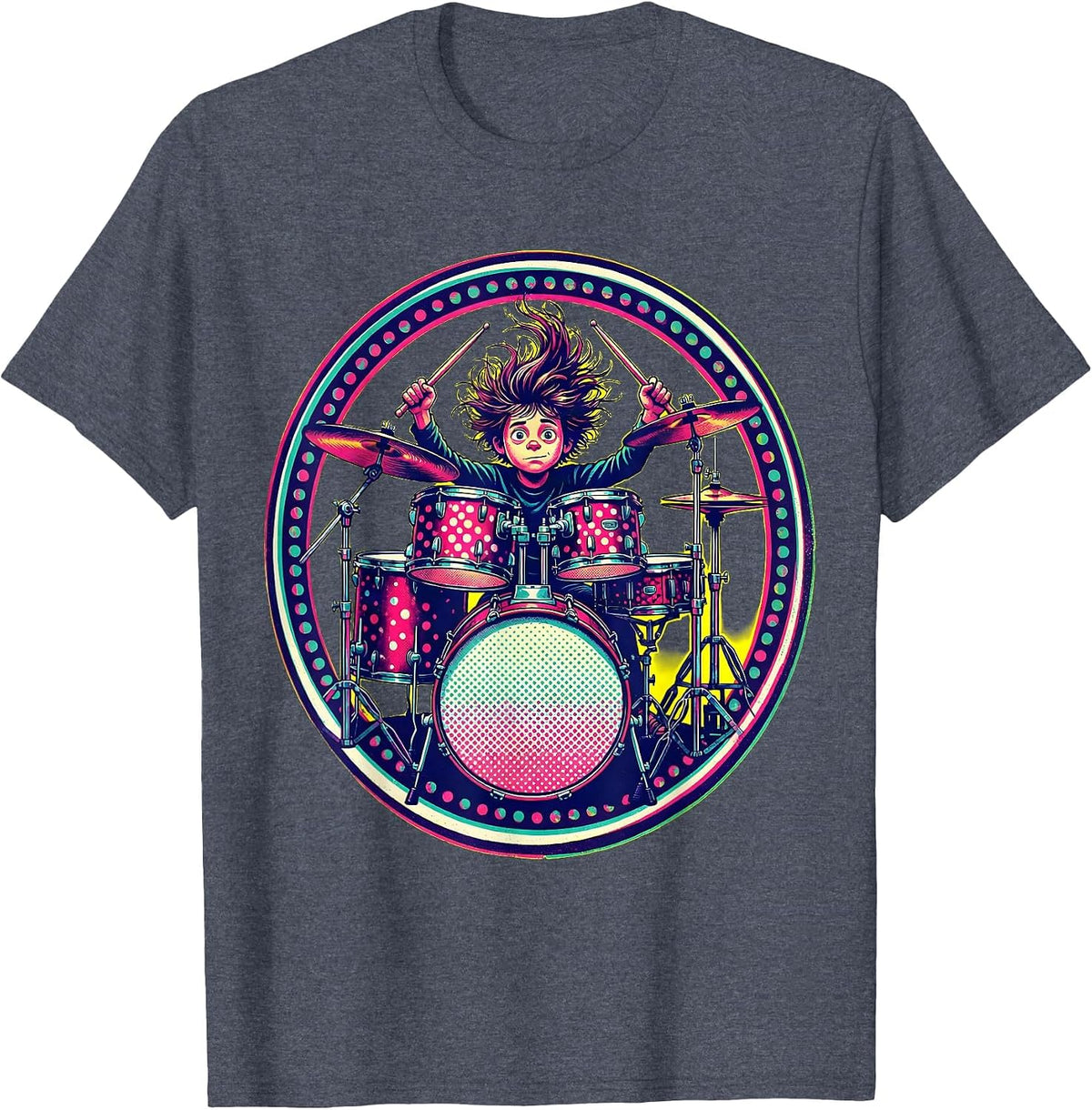 Polka Dot Drum Kit Kid Drummer Illustration T-Shirt - Heather Blue