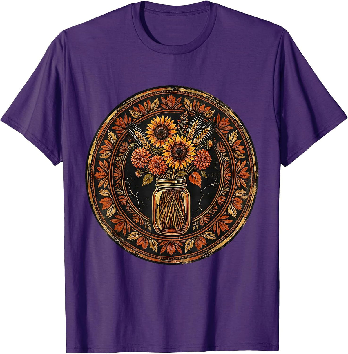 Men's Autumn Wildflowers Mason Jar Thanksgiving Graphic T-Shirt - Purple