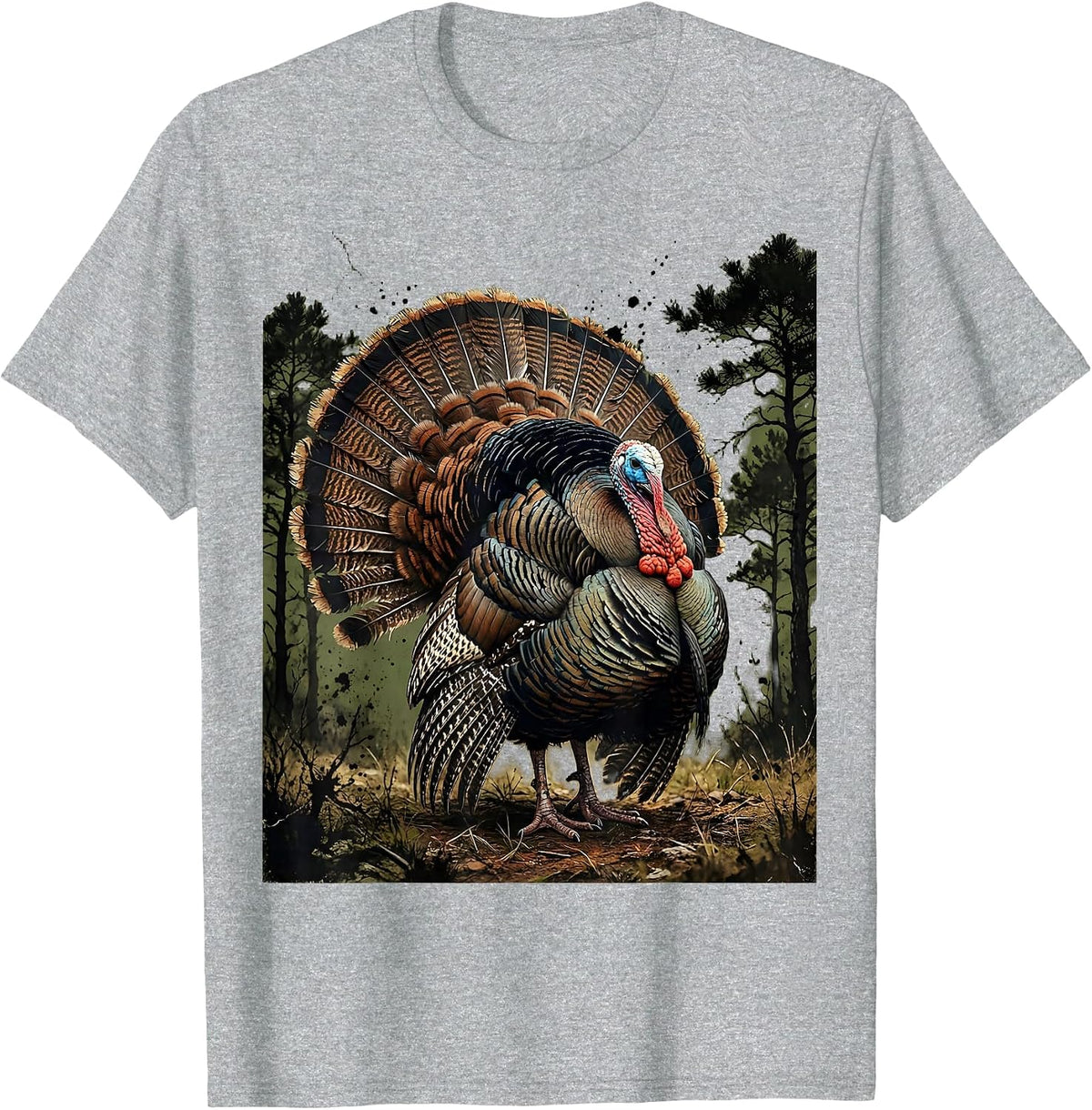 Men's Turkey Feathers Fanned in Forest Clearing Art T-Shirt - Heather Grey