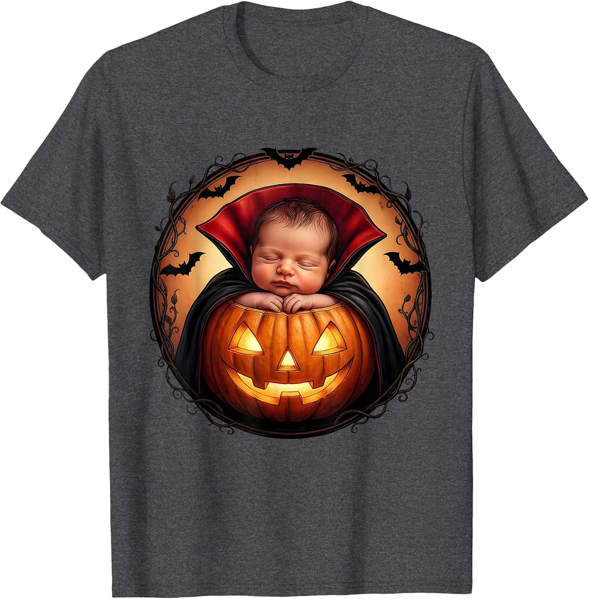 Men's NICU Halloween Tiny Baby Vampire Pumpkin Design T-Shirt - Dark Heather Grey