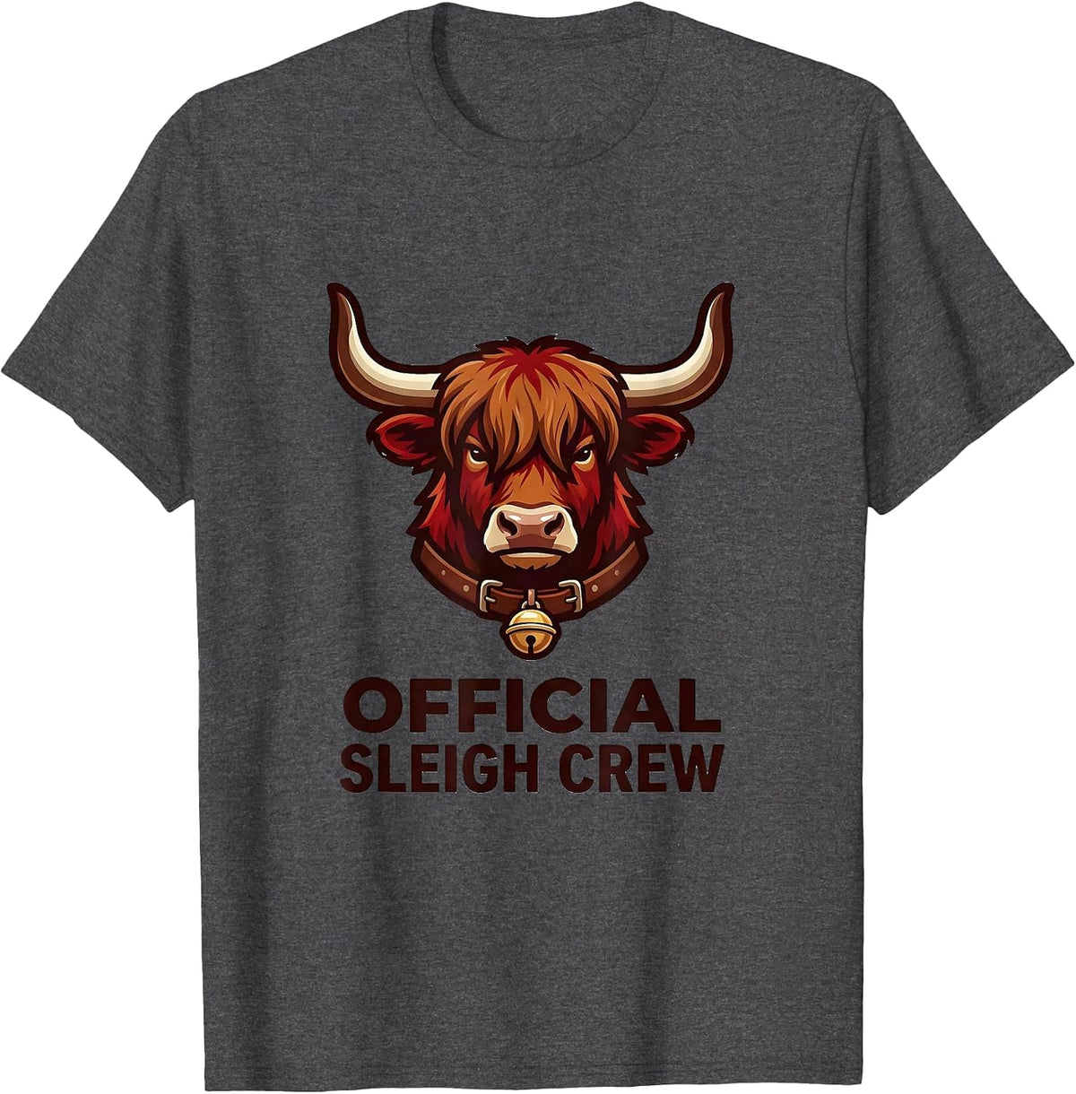 Official Sleigh Crew Highland Cow Christmas Holiday Humor T-Shirt - Dark Heather Grey