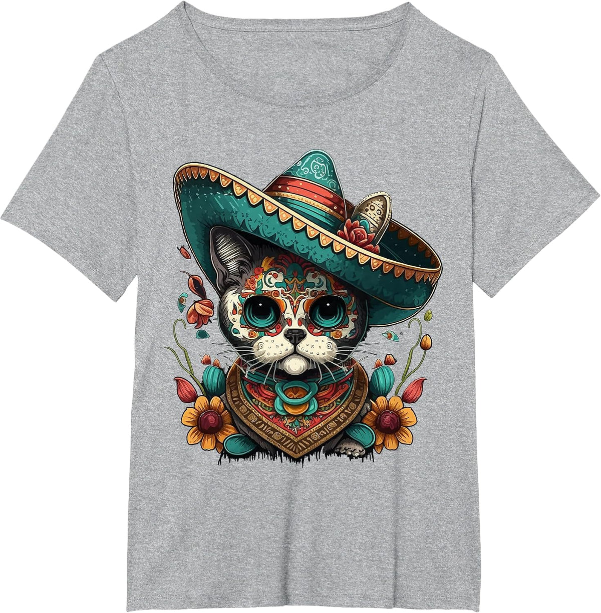 Mexican Cinco De Mayo Sugar Skull Sombrero Cat T-Shirt - Heather Grey