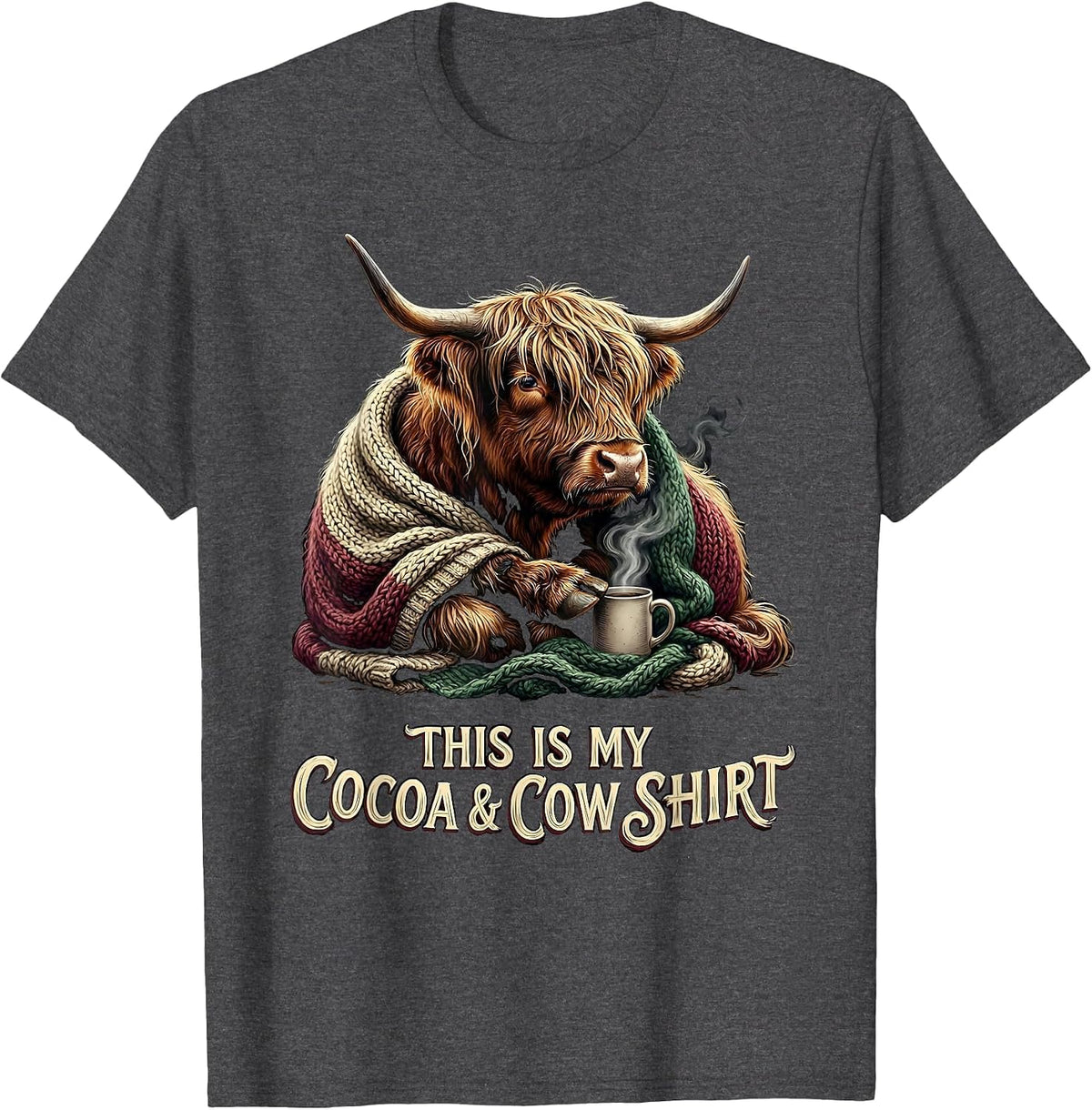 This Is My Cocoa & Cow Shirt Funny Highland Cow Christmas T-Shirt - Dark Heather Grey