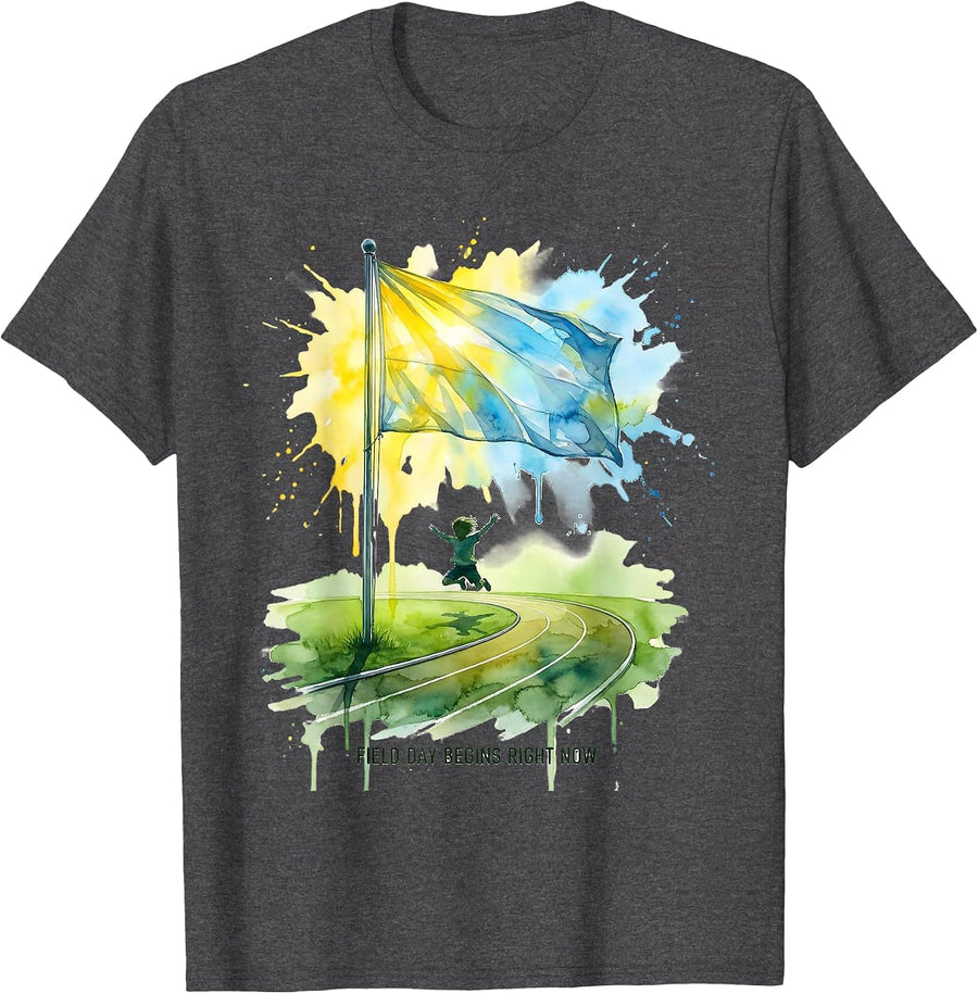 Men's Field Day Begins Right Now Watercolor School Sports Teacher T-Shirt - Dark Heather Grey