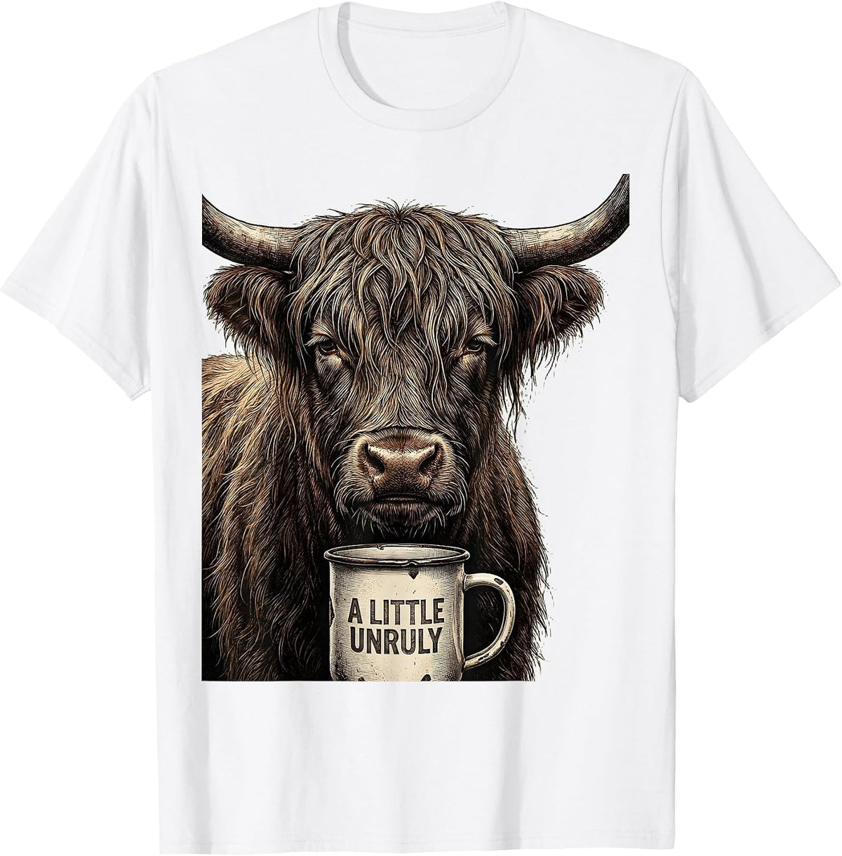 Men's A Little Unruly Funny Highland Cow Coffee Lover Novelty T-Shirt - White