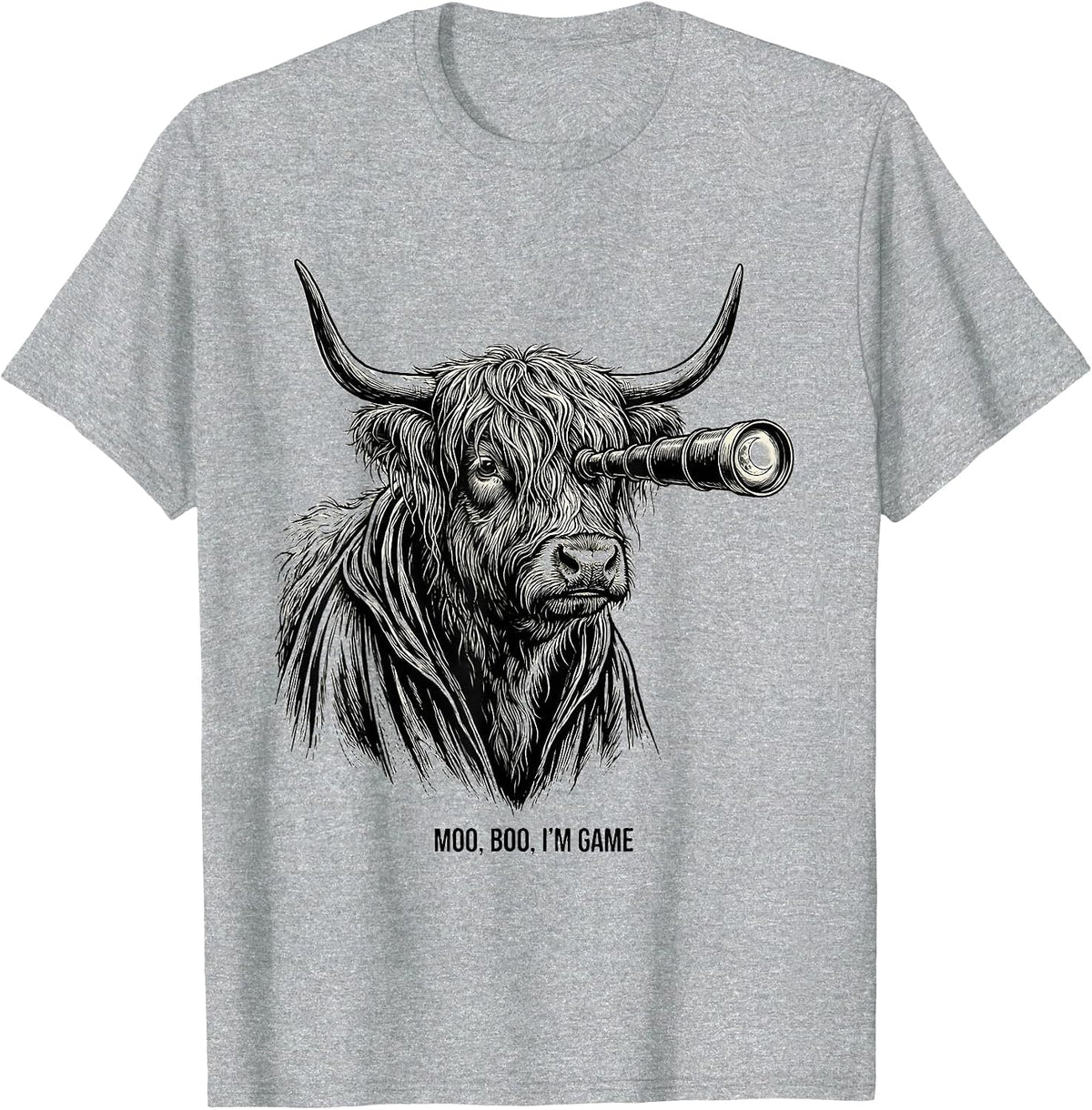 Men's Moo, Boo, I'm Game Funny Highland Cow Halloween Costume T-Shirt - Heather Grey