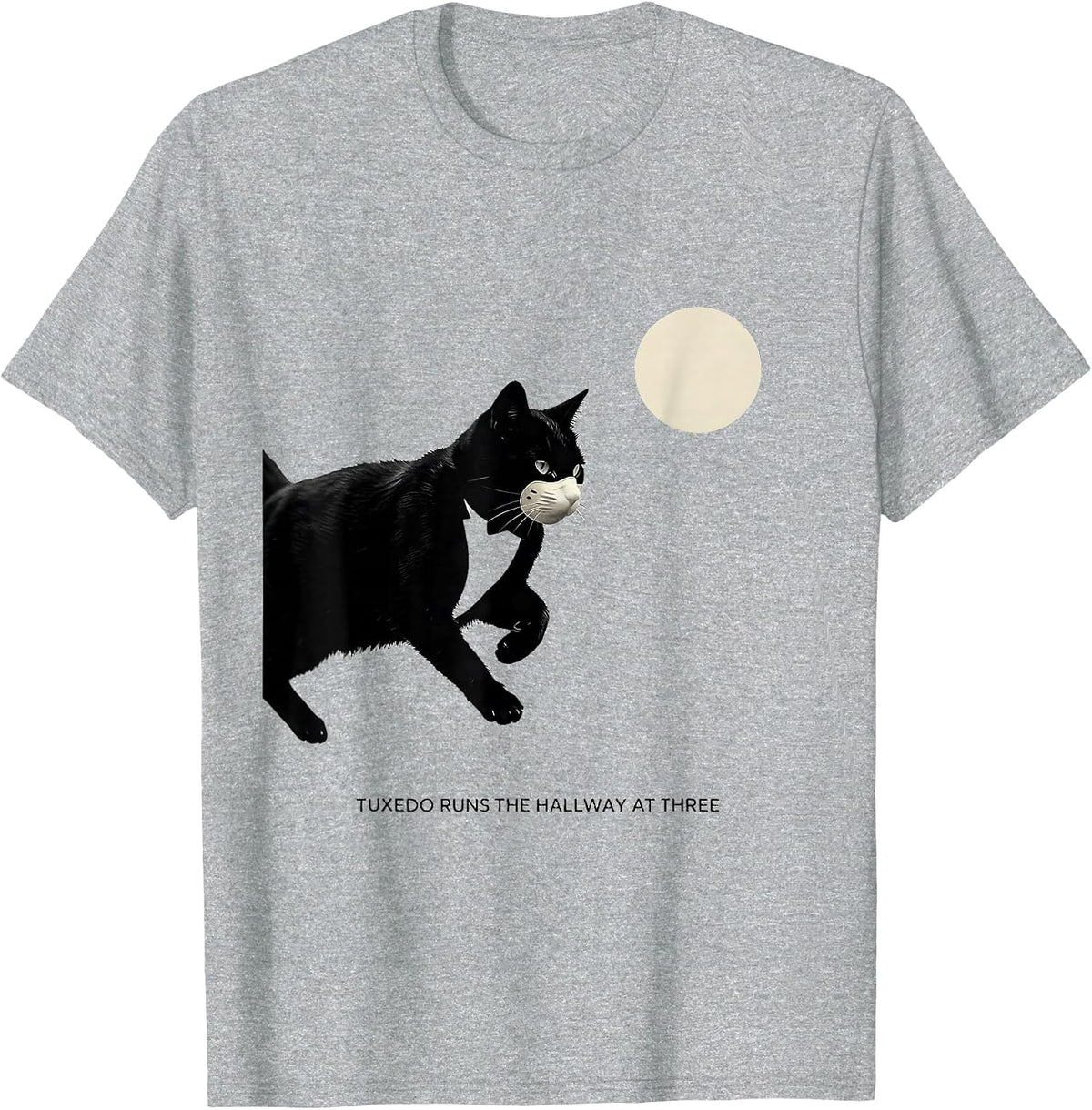 Men's Tuxedo Runs the Hallway at Three Minimalist 90s Retro Cat T-Shirt - Heather Grey