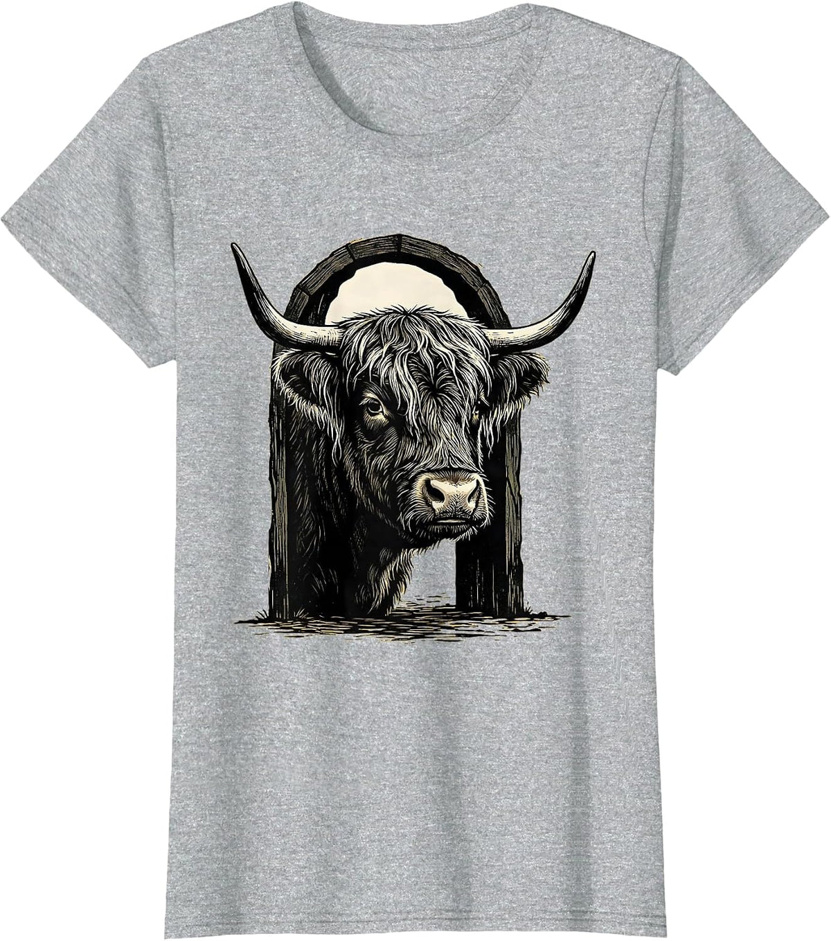 Highland Cow Woodcut Farm Animal Humor T-Shirt - Heather Grey