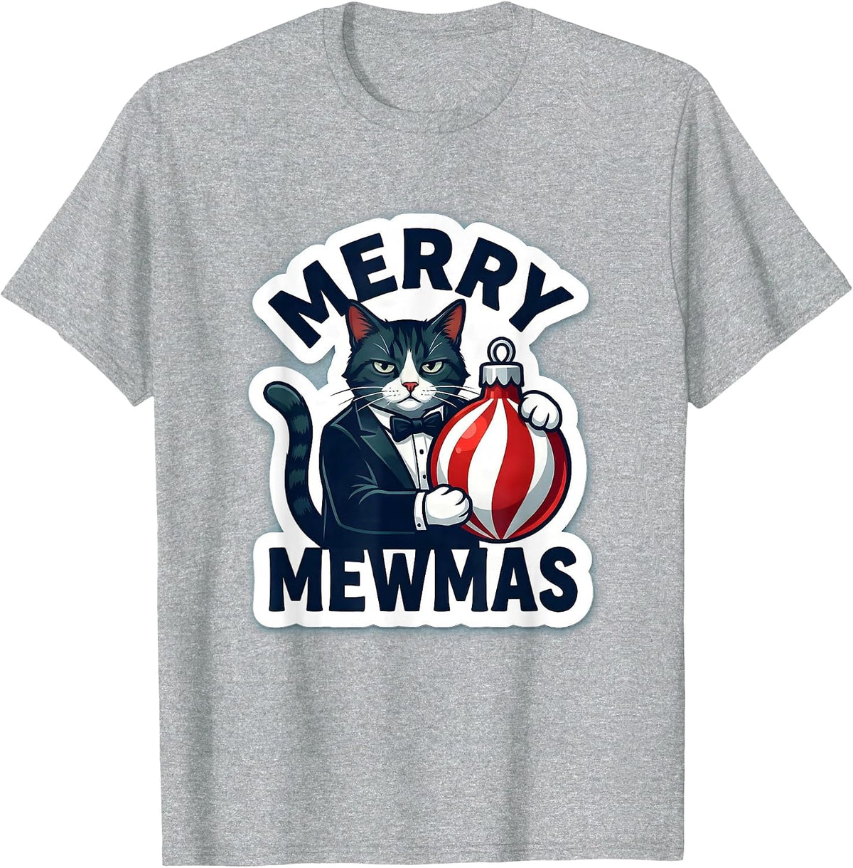 Men's Merry Mewmas Funny Tuxedo Cat Christmas Cat Lover Holiday T-Shirt - Heather Grey