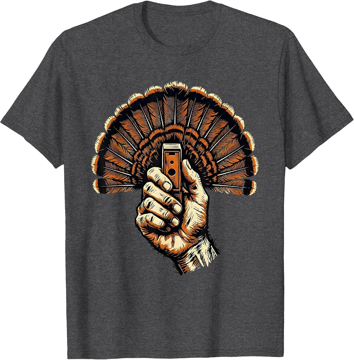 Turkey Call and Feathers Hunting Graphic T-Shirt - Dark Heather Grey