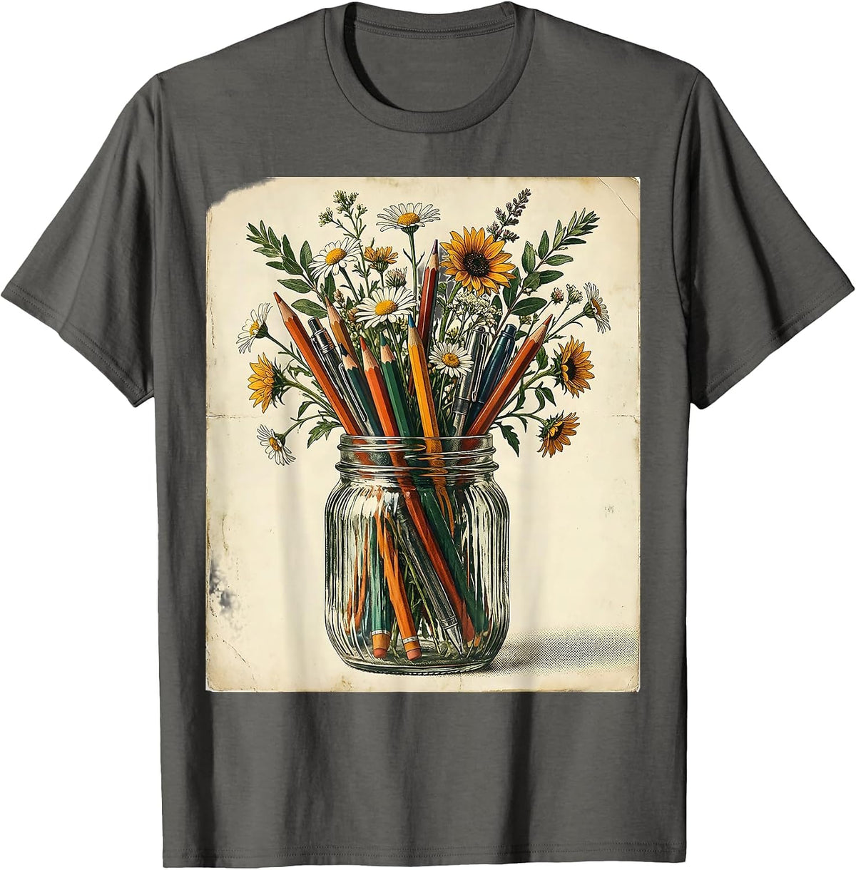 Men's Elementary Teacher Mason Jar Pens Flowers Graphic T-Shirt - Asphalt Grey