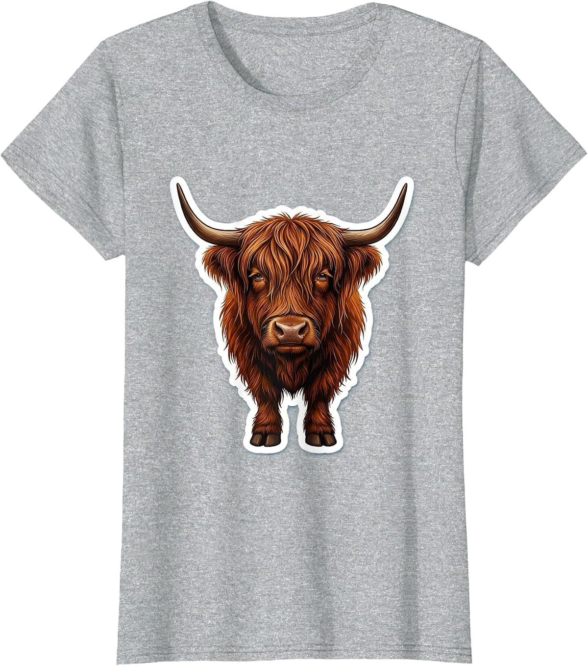 Highland Cow Head Sticker Style Animal Lover Humor T-Shirt - Heather Grey