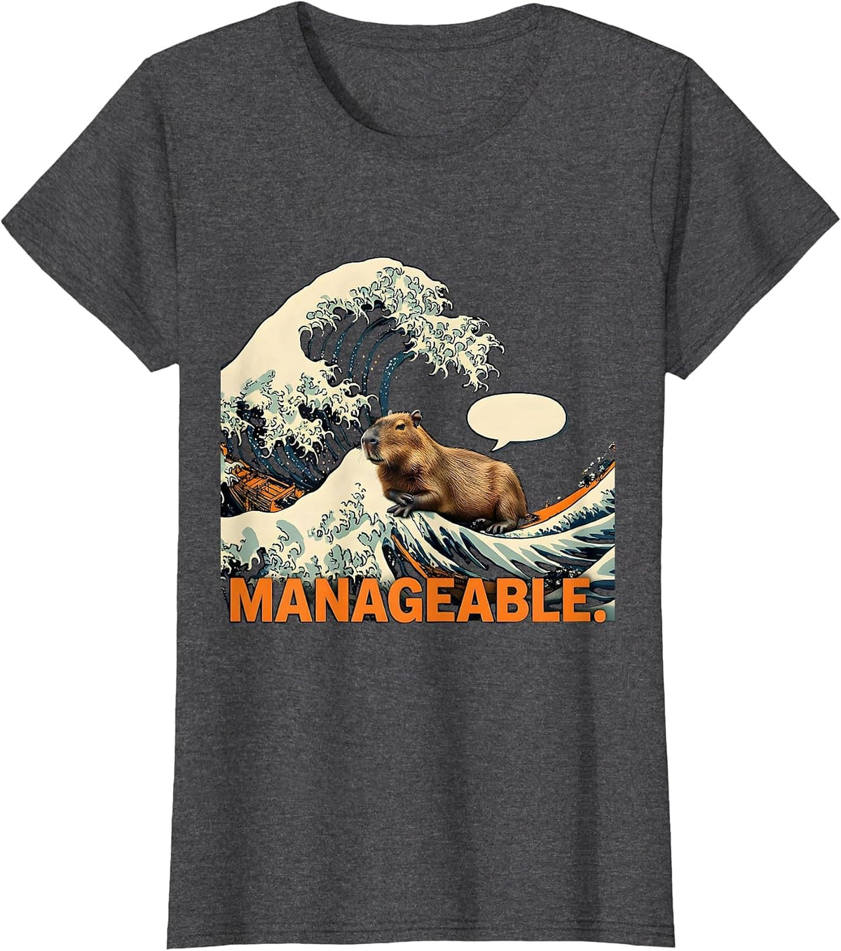 Women's Manageable Stencil Graphic Funny Capybara Japanese Wave T-Shirt - Dark Heather Grey