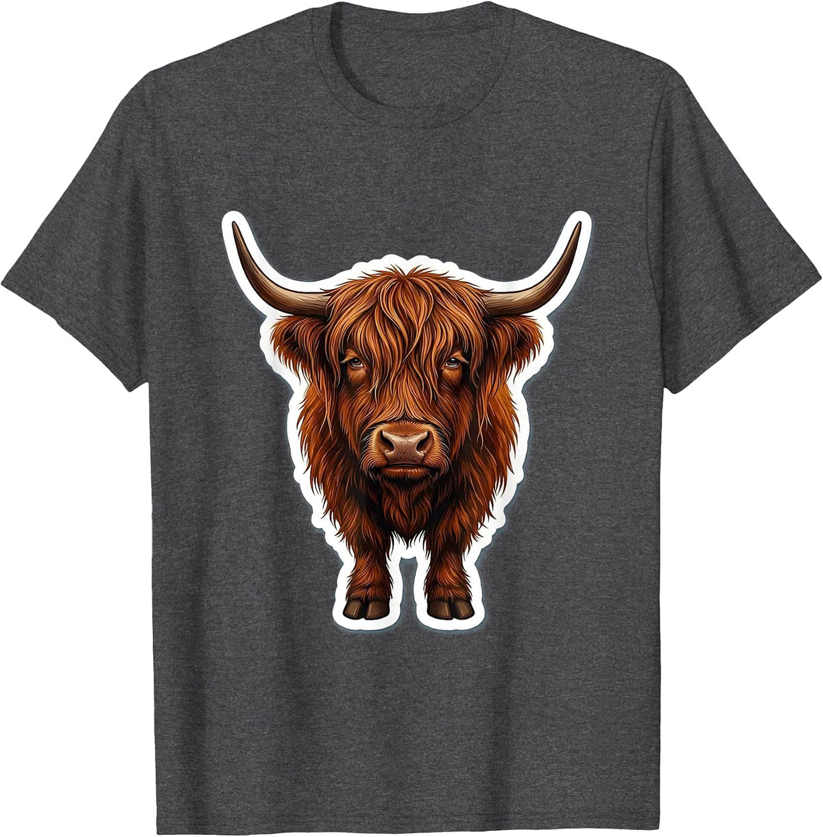 Highland Cow Head Sticker Style Animal Lover Humor T-Shirt - Dark Heather Grey