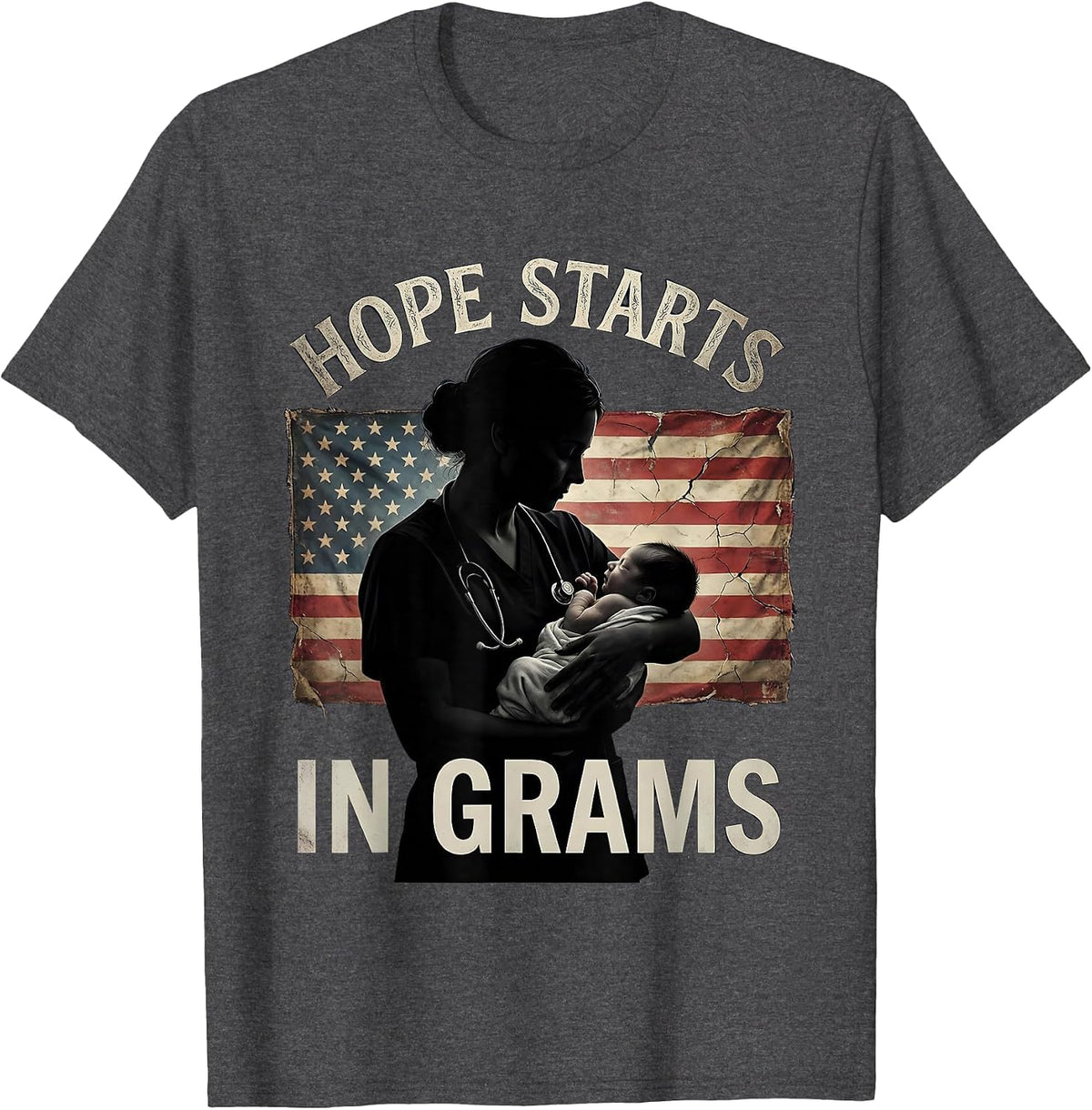 Men's Hope Starts In Grams NICU Nurse Design T-Shirt - Dark Heather Grey