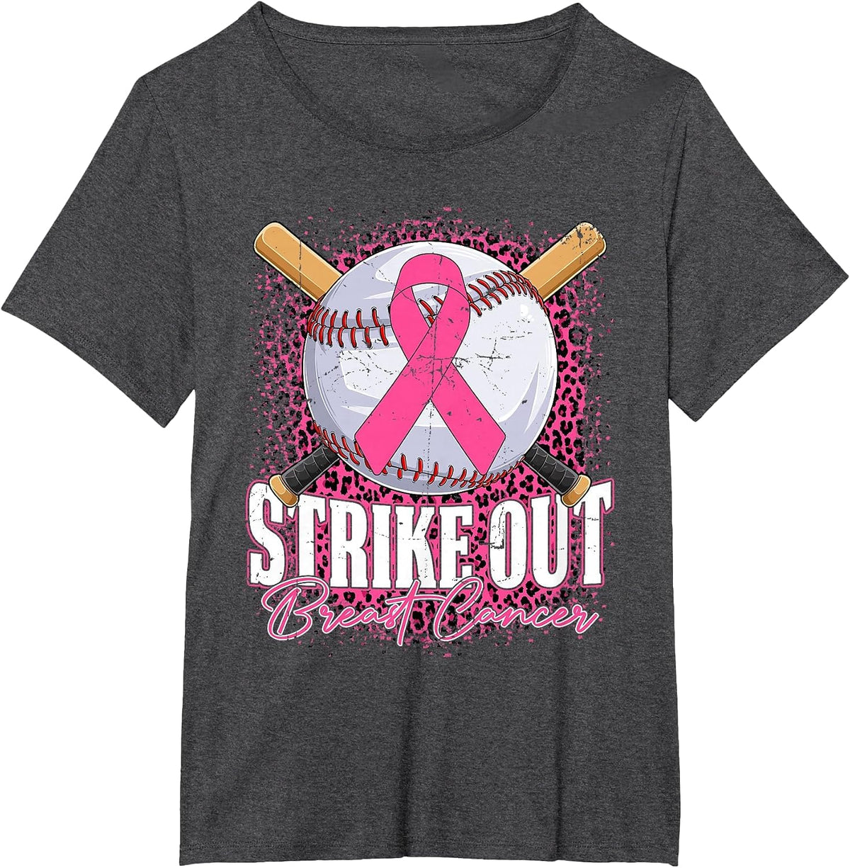 Strike Out Breast Cancer Baseball Ball & Pink Ribbon Women T-Shirt - Dark Heather Grey