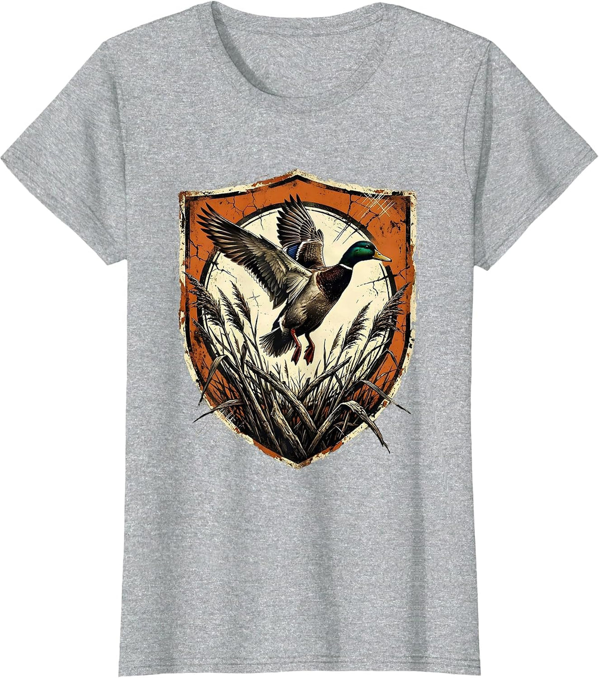 Duck in Flight Over Marsh Reeds Hunting Design T-Shirt - Heather Grey